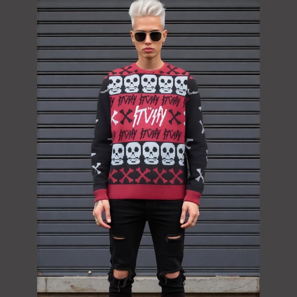 Stussy Red Black Skull Print Knit Unisex Sweater RARE - Picture 1 of 10
